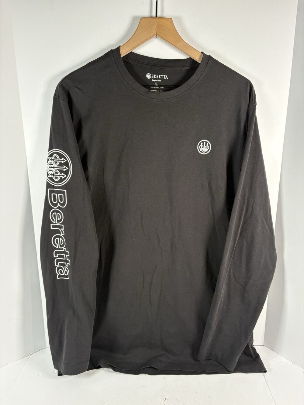 Beretta Mens L Black Long Sleeve T Shirt Trident Logo Firearms Shooting Hunting